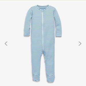 Primary | Baby organic zip footie in stripe - Cornflower / ivory mini stripe